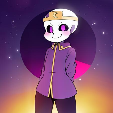 nightmare!sans, skeleton, dark purple jacket, black pants, dark purple boots, lavender pupils, smiling, golden moon crown, goldev belt has NM sign, standing still, solo, eye holes, dark eyes, cartoon, cartoon eyes, simple background