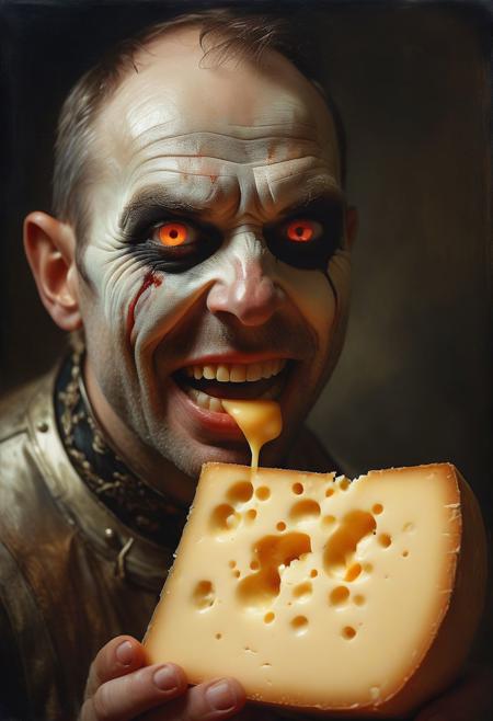 An evil piece of cheese, Low saturation color photography, vintage, grunge, top light, masterful painting in the style of Anders Zorn | Marco Mazzoni | Yuri Ivanovich, Todd McFarlane, Aleksi Briclot, oil on canvas, evil smile, glowing eyes