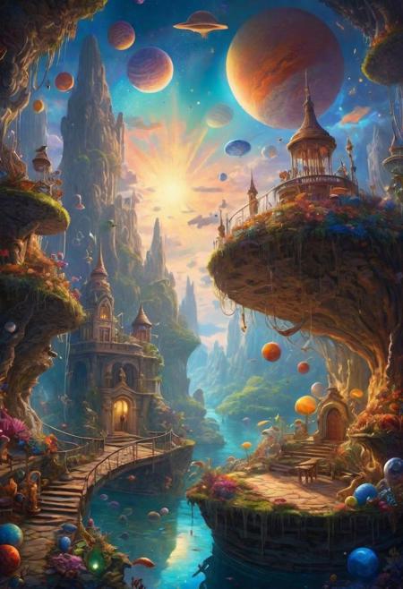 Stunning dreamscape by Justin Gerard's style, capturing the essence of an enchanting celestial body surrounded by floating curiosities bathed in dazzling rays that cast dramatic shadows across its surface for a mesmerizing visual experience. Vivid color spectrum emphasizes the fantastical nature of this otherworldly tableau.
