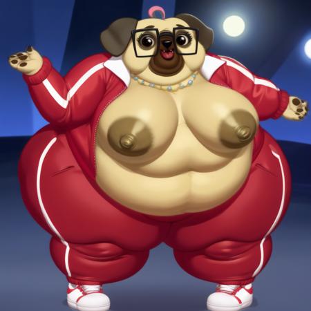 elderly, obese, dog, pug, red and white jacket, red pants, glasses, white pearl necklace, white and red sneakers,