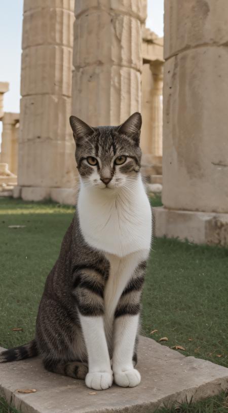 closer, cat (sitting on the grass), in the ruins of a Greek temple in Athens, photorealistic, HDR