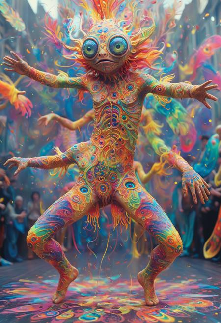 PsychadelicChaos, absurdres, high resolution, detailed, photograph, In a surreal scene, a human-like creature psychadeliced in a vibrant and intricately designed Yaccie Art style dances through the air, clad in a stunning display of colors. The creature's eyes are closed, and its body is covered in intricate patterns and symbols. Movie still, Slow Shutter Speed, Kodak Portra 160, 800mm lens, <lora:Upgraders\Detail Tweaker XL:1.0>, <lora:Challenge\aidmaPsychadelicChaosWorldMorphXL-V0.1:1.0>