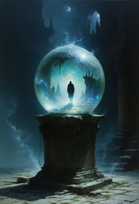 Painterly dark fantasy illustration, style of Brom and Zdzisław Beksiński. Medium close-up: Ancient stone gargoyle, hunched posture, gazes intently into a luminous crystal orb glowing with cool white light. Within the orb, a sharp, miniature vision: an unaware human on a mundane street. Dramatic moonlight casts stark highlights on weathered, moss-flecked stone, contrasting deep abyssal shadows. Visible, textured brushstrokes. Swirling nocturnal mist obscures the distant city. Atmosphere of intense concentration, arcane observation, eerie stillness.