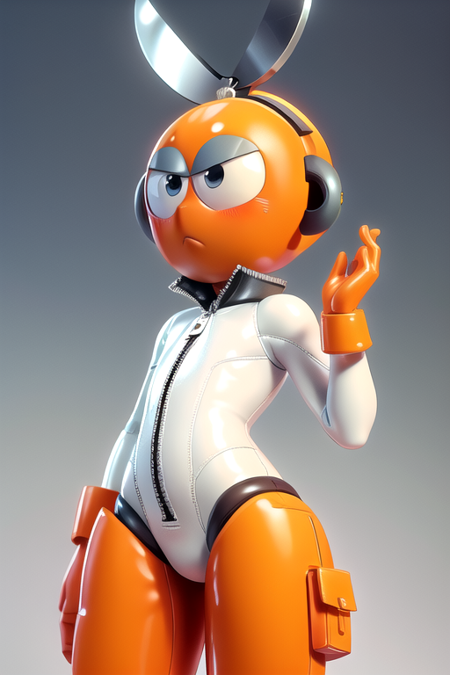 1boy, solo, (cut_man:1.2), no nose, head scissors, robot, noseless, white bodysuit, orange clothing, orange underwear, LatexTech, scifi, zippers, large head, tiny body, tight clothes, skin tight, bulge, thick thighs, blushing, adjusting clothing, masterpiece, highly detailed, no humans