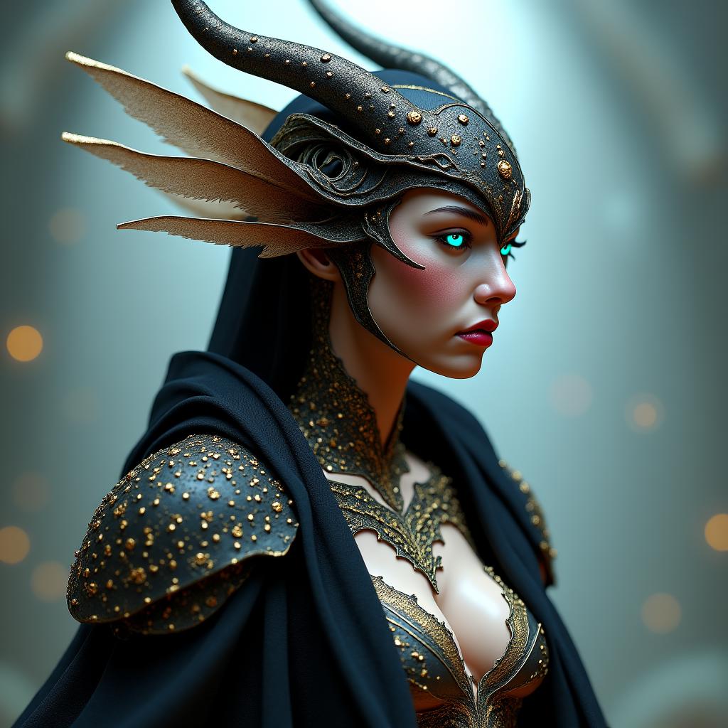 A hyper-realistic 3D render of a cyber-dragon themed arcane tech woman, with a gothic aesthetic, exposed machinery, and intricate details. Her skin is a pale, iridescent color, adorned with intricate circuitry patterns that blend seamlessly with her flesh. She wears a flowing, ornate robe of black, accented with intricate gold and ruby-red trim, and her wings, a fusion of cybernetic and dragon elements, are partially unfurled, revealing a shimmering, silver framework. Her eyes, glowing with an ethereal blue light, gaze intensely forward.  The woman is standing in a mystical, otherworldly realm, filled with swirling mists and ethereal lights. The background is a combination of abstract shapes and textures, reminiscent of the cybernetic dragon motif, creating a sense of depth and movement.  The depth of field is extreme, focusing solely on the woman's face and upper body, blurring the surrounding environment into a hazy, ethereal backdrop. The lighting is dramatic, casting long, dramatic shadows from the woman's form, highlighting her intricate details and ethereal beauty.  The woman's internal machinery is visible, with wires and cables winding through her form, exposed and glistening in the ethereal glow. Sophisticated fantasy design elements are present throughout the image, with runes and symbols etched onto her armor, and intricate, detailed circuitry patterns woven into her flesh.