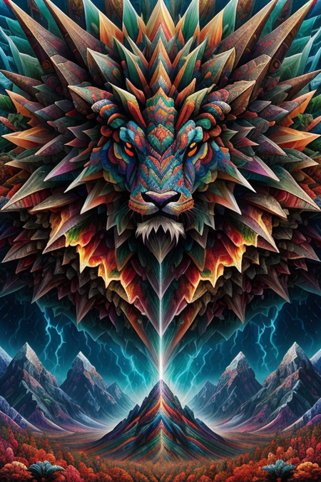made of ral-kldscop, (art by Dan Mumford:1.0) , Concept art, insane details, Crystallizing Pokémon, Masculine, Stormy weather, Wide view, Hypersaturated, vintage, World-renowned, masterpiece, bold colors, male, <lora:ral-kldscop-000009:1>, epic, elaborate, full color, sharp focus, lush, fine detail