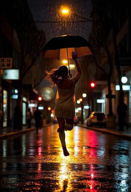 backlit dancer in a street on a rainy night, holding in umbrella, jumping in the air clicking heels to express their joy.