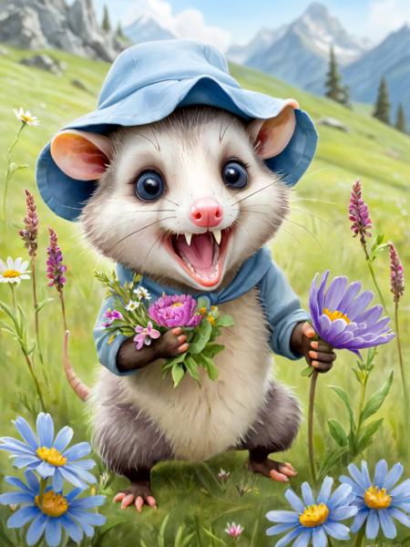 Watercolor painting possum wearing a bonnet collecting flowers in a alpine meadow <lora:Opossum-possum-000002:1> possum,  open mouth  (watercolor) (illustration) children's book, (beatrix potter) <lora:StorybookRedmondUnbound-KidsRedmAF:1> <lora:sam_yang_offset_right_filesize:1> sam does art . Vibrant, beautiful, painterly, detailed, textural, artistic