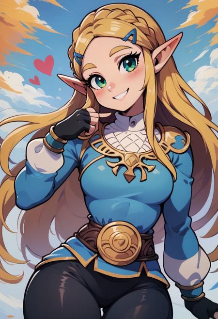 score_9, score_8_up, score_8, medium breasts, (curvy), cute, eyelashes,  princess zelda, solo, long hair, green eyes, crown braid, hairclip, pointy ears, blue shirt, long sleeves, fingerless gloves, black gloves, black pants, tight pants, smile, curvy, head tilt, hearts, blush,