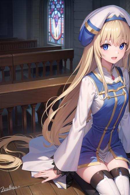 priestess, <lora:priestess-lora-nochekaiser:1>, 
priestess, blonde hair, blue eyes, long hair, hair between eyes, (small breast:1.2), <lora:talkmouth_A_v100:1>, open mouth, smile,
BREAK boots, dress, frilled sleeves, frills, hat, white headwear, pelvic curtain, high heels, robe, thigh boots, thighhighs, white thighhighs, long sleeves, puffy sleeves,
BREAK looking at viewer,
BREAK indoors, church,
BREAK <lyco:GoodHands-beta2:1>, (masterpiece:1.2), best quality, high resolution, unity 8k wallpaper, (illustration:0.8), (beautiful detailed eyes:1.6), extremely detailed face, perfect lighting, extremely detailed CG, (perfect hands, perfect anatomy),