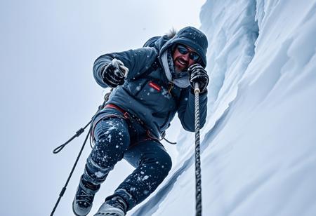 Masterpiece, best quality, high quality, newest, highres, 8K, HDR, absurdres, cinematic lighting, dramatic shadows, extreme weather, frozen landscape, harsh environment, survival theme. a lone climber battles against a brutal snowstorm, ascending a sheer, ice covered escarpment. The wind howls, whipping freezing air against his frostbitten face, his breath coming in sharp, visible exhales. Ice and snow cling to his thick, insulated jacket, the fabric stiff from the relentless cold. His gloves, reinforced for extreme conditions, grip an ice axe, its steel blade buried deep into the frozen wall, while crampons dig into the brittle surface, each movement a calculated fight against gravity. the world around him is a white abyss, the raging blizzard reducing visibility to mere meters. Snow and ice blast his goggles, forcing him to wipe them constantly to keep sight of the nearly invisible route ahead. His harness is secured with carabiners, a lifeline that sways violently in the storm. A second axe dangles from his belt, alongside essential climbing gear, each item vital for survival in this frozen hell. the peak is obscured by swirling snow, an unforgiving summit that demands everything from those who dare challenge it. His muscles ache, his fingers numb, but stopping means death. Gritting his teeth, he drives his axe into the ice once more, pushing through exhaustion and fear. There is no way down only forward.