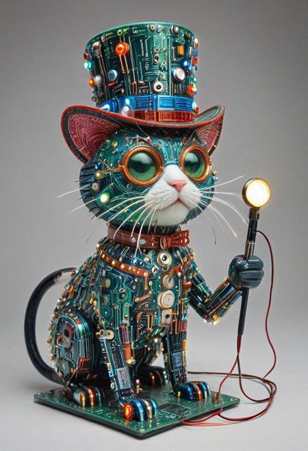 embedding:lazmpos, Transistors, pcb_style, LED, colorful LED lights, RGB lights, red green and blue cat, art deco, top hat, cane, monocle,RetroBG
