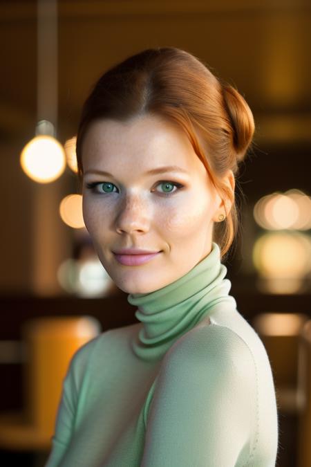 photo of extremely sexy wo_miasol01, a woman as a sexy student, closeup portrait upsweep updo, (Pastel Green tight long sleeve turtleneck top), at a cantina sitting bar (masterpiece:1.5) (photorealistic:1.1) (bokeh) (best quality) (detailed skin texture pores hairs:1.1) (intricate) (8k) (HDR) (wallpaper) (cinematic lighting) (sharp focus), (eyeliner), <lora:woMiaSol01:1>