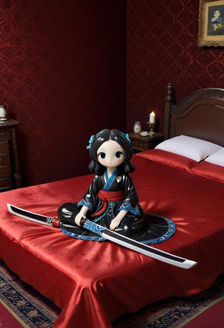 score_9, score_8_up, score_7_up, score_6_up, cartoon, ,CreepyCuteMagical , 
ceramic katana, laying on red silk dress, 
victorian bedroom background,
, dark theme,