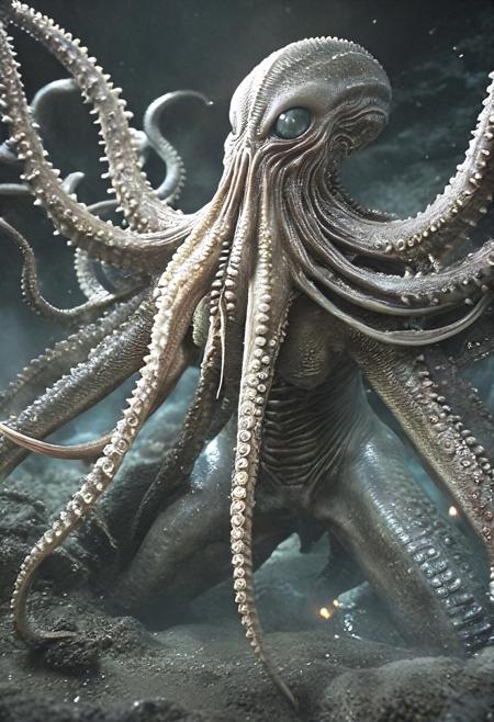 The remains of the ancient demon god.
This was a monster whose body was unimaginably large, its appearance was like an octopus, its body almost filled the entire sea trench, its body was not complete, spreading out bite marks.
It only had a single gray-white eye embedded on its head covered with scales, when the firelight lit up, in this deep and quiet sea, the distance between him and it did not exceed a hundred zhang.
The gray-white eye stared at him silently, as if staring at a speck of dust in the air.
This was the difference in physical form between the two sides.
He relied on the firelight to slowly go out, discovering that this monster should have had more than ten tentacles, but they had long been torn off.
It had long since died, and had been dead for countless years.
concept-art, lovecraftian horror, eldritch, cosmic horror, unknown, mysterious, surreal, 
eerie, unsettling, dark, spooky, suspenseful, grim,  fantasy, beautiful, painterly, detailed, textural, artistic, aesthetic, intricate details, highly detailed, ultra-detailed, absurdres, unreal engine, octane rendering, high saturation, high contrast, vivid, vibrant, volumetric lighting, sharp focus, 
aid291, midjourneyv6.1,
