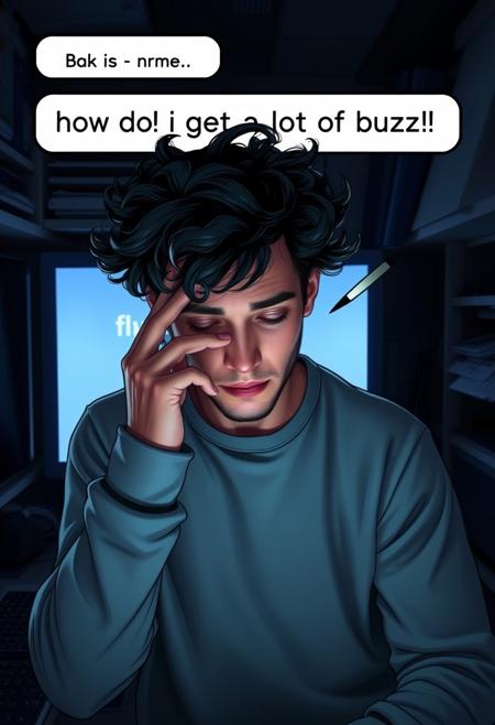 Photorealistic, a tech nerd with messy curly hair is rubbing his face, his screen reading 'flux generate'. His room is dark and cluttered. A speech bubble above his head reads, "how do i get a lot of buzz!!"