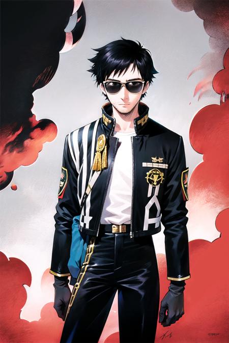 male focus, 1boy, solo, gloves, black hair, white gloves, smoke, adjusting eyewear, uniform, military, jacket, standing, sunglasses, glasses, long sleeves, arm at side, pants, signature, military uniform, artist name, black jacket, open clothes, black pants, <lora:Sadamoto Yoshiyuki:0.8>