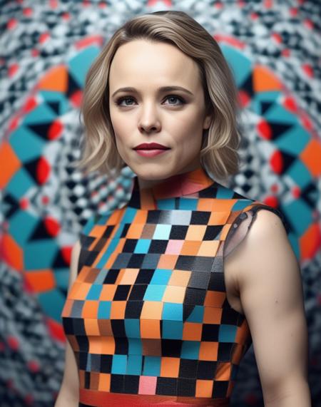 RachelMcadams,<lora:RachelMcadamsSDXL:1>, cinematic photo (full-body:1.85) A futuristic portrait of a beautiful young woman on a simple paper studio background with a strong colourful intricate circular geometrical pattern, geometrical makeup, (highly detailed skin texture:1.6), pores, high contrast . 35mm photograph, film, bokeh, professional, 4k, highly detailed