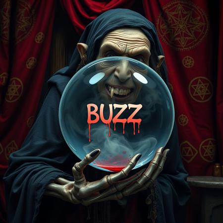 A withered gypsy crone is hunched a crystal ball cradled in a skeleton hand. Her wrinkles face and single tooth are visible as she faces the viewer. In the smokey, swirling depths of the crystal ball can be read the word "BUZZ" in dripping blood. The background is an arcane workshop with heavy red velvet drapes embroidered with golden magical symbols. The scene is dark and mysterious and arcane.