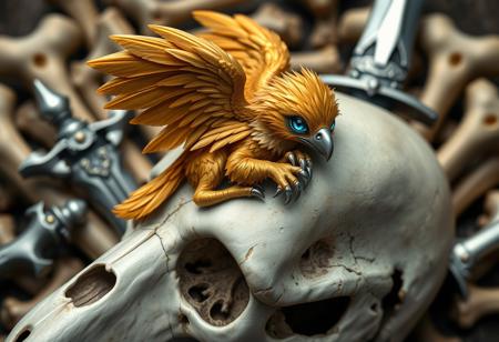 a tiny adorable griffon curled up on a huge skull, golden feathers, metallic feathers, silver eagle beak, bird talons, large glowing blue eyes, Background bones and swords, armor