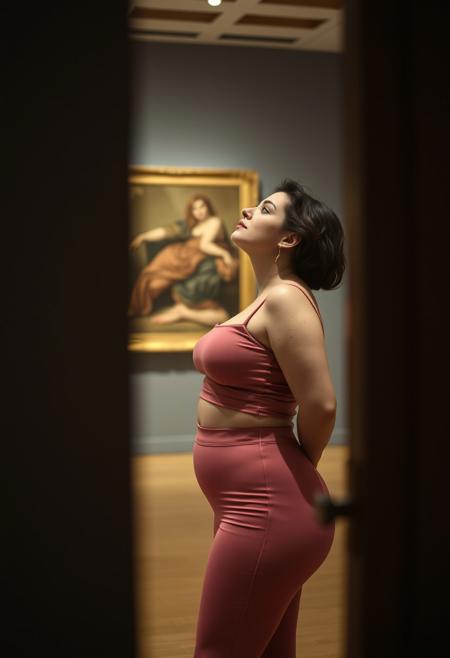 a grainy, overexposed wonky candid photograph zoomed in through a doorway, of a thick curvy and fit hourglass figure caucasian woman with pale white skin and freckles, gazing up at an artwork in a modern museum, wearing a cropped pink camisole and flared leggings