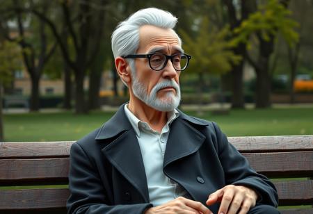 A highly detailed, semi-realistic 3D digital illustration style, extremely long distance, full body, side view of an dignified and wise writer sitting on a bench in the park, looking disappointed, tired. The writer's short white hair is combed back from his forehead, revealing a slightly receding hairline. his short white sideburns and beard, his chiseled, narrow face with a strong jawline and prominent cheekbones. Thick, arched eyebrows sit above round, black-framed glasses on his sharp, narrow nose. His pale, healthy skin shows fine lines that reflect his experiences, with a slight rosiness in his cheeks. He wears a long black trenchcoat and white shirt. Green Park, Spring, cold weather. Perfect hands.