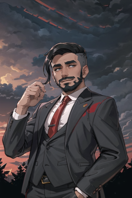 masterpiece, best quality, <lora:RoseLora:0.7>, rose \(pokemon\), smile, dark skin, beard, facial hair, grey suit, red necktie, hand in pocket, black sky, dark sky, (red clouds:1.5), dark clouds,