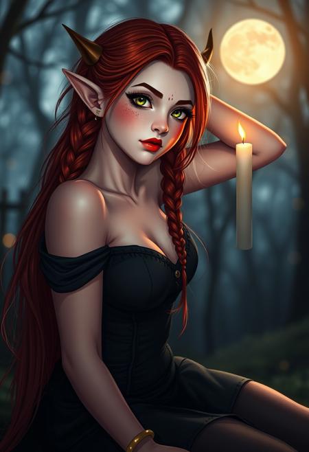 score_9, score_8_up, score_7_up, dark elfic queen, 20 years old, pointy ears, candle lightning, clear light, moon in the sky, face ultra, highly detailed, (( glowing elfic forest)), bokeh ,1girl, cute, innocent and submissive, clear red hairs, 3 heavy braids, on her knees, beautiful clear green eyes, black make-up, freckles, (blushing:0.9), detailed skin, ( beauty marks ), upturned nose, perfect face, perfect mouth, parted lips , skinny body, heavy firm breasts, perfect breasts, apple shaped breasts, deep cleavage, (narrow waist:1.2), ankle bracelet, one arm up, slutty, ( off-shoulder ) tight dress, bare shoulders, view from side, focus on ass, ((( tiny feet, perfect feet, skinny feet, skinny ankles, delicate feet )))