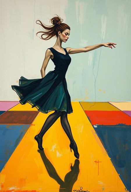 A dancer moves across a stage of perfectly arranged color blocks, and their graceful motions reveal a secret face hidden within the shifting composition., expressive portraiture, painterly abstraction, emotional realism, fauvist color palette, gestural brushwork, rural symbolism, psychological atmosphere, simplified forms, muted and vibrant tones, introspective figures, spontaneous composition, contemporary expressionism, pastoral themes, intuitive linework, minimal background detail, spiritual undertones, dreamlike distortion, narrative ambiguity, human vulnerability, poetic emotion