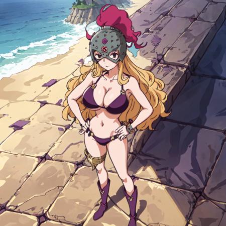 Colosseum_Girl, 1girl, solo, long hair, brown hair, large breasts, navel, cleavage, purple bikini, helmet, mask, purple boots