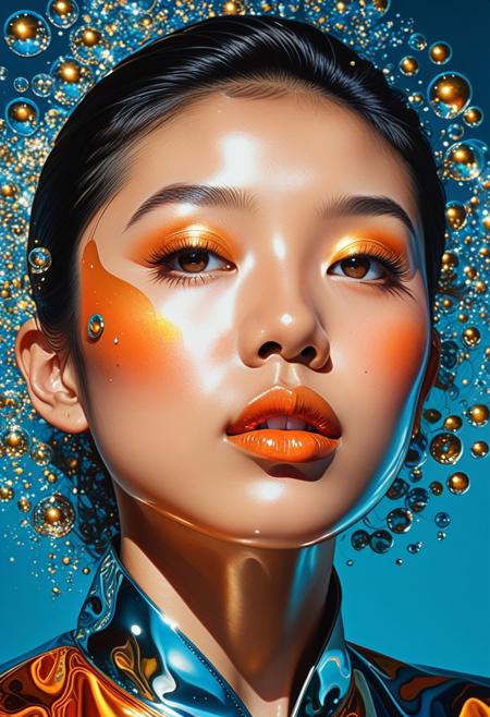 Smooth Quality, ArsMJStyle, Colored pencil hyperdetailed realism, close-up portrait of an asian woman, medium complexion, with a serene, contemplative expression. hereyes are half closed closed, and her, 
lips are slightly parted in a tranquil pose. The womans face and upper torso are depicted in a stylized, abstract manner, 
resembling a liquid metallic surface. Vibrant colors, including gold, orange, and various shades of blue, create a, 
dynamic interplay. Numerous reflective bubbles of various sizes and shapes encapsulate and adorn his features, reflecting, 
lights and colors that amplify the visual impact. The background is a deep teal blue, creating a stark contrast with, 
the vibrant colors of the subject. All textures focus on smooth, reflective surfaces and shimmering metallic effects., 
Camera angle is a close-up, focusing on the face with visible details. The style is modern, abstract, and ethereal, 
suggesting a liquid or metallic dreamlike quality. A sense of calm and tranquility permeates the image., 
Visual style references surrealism, abstract art, and liquid metal digital art, with a focus on a reflective and, 
polished aesthetic, <lora:clear:1>, <lora:FF.101.juggernautXL_version6Rundiffusion.LORA:1>, <lora:Hyperdetailed_Colored_Pencil:1>, <lora:SDXLDetailer:1>