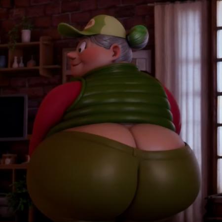 <lora:Earth Mama:0.75> 3d cartoon, anatomically correct, masterpiece, best high quality, ultra details, realistic, RAW Photo, perfect anatomy, 4k, 8k, quality lighting, detailed hands, detailed eyes, solo, obese, elderly, woman, red top, green puffer jacket, brown pants, green hat, (grey hair in a bun:1.1), massive thighs, massive hips, massive ass, huge boobs, big belly, shy smile <lora:BGV5EX:1>  <lora:add_detail:1>