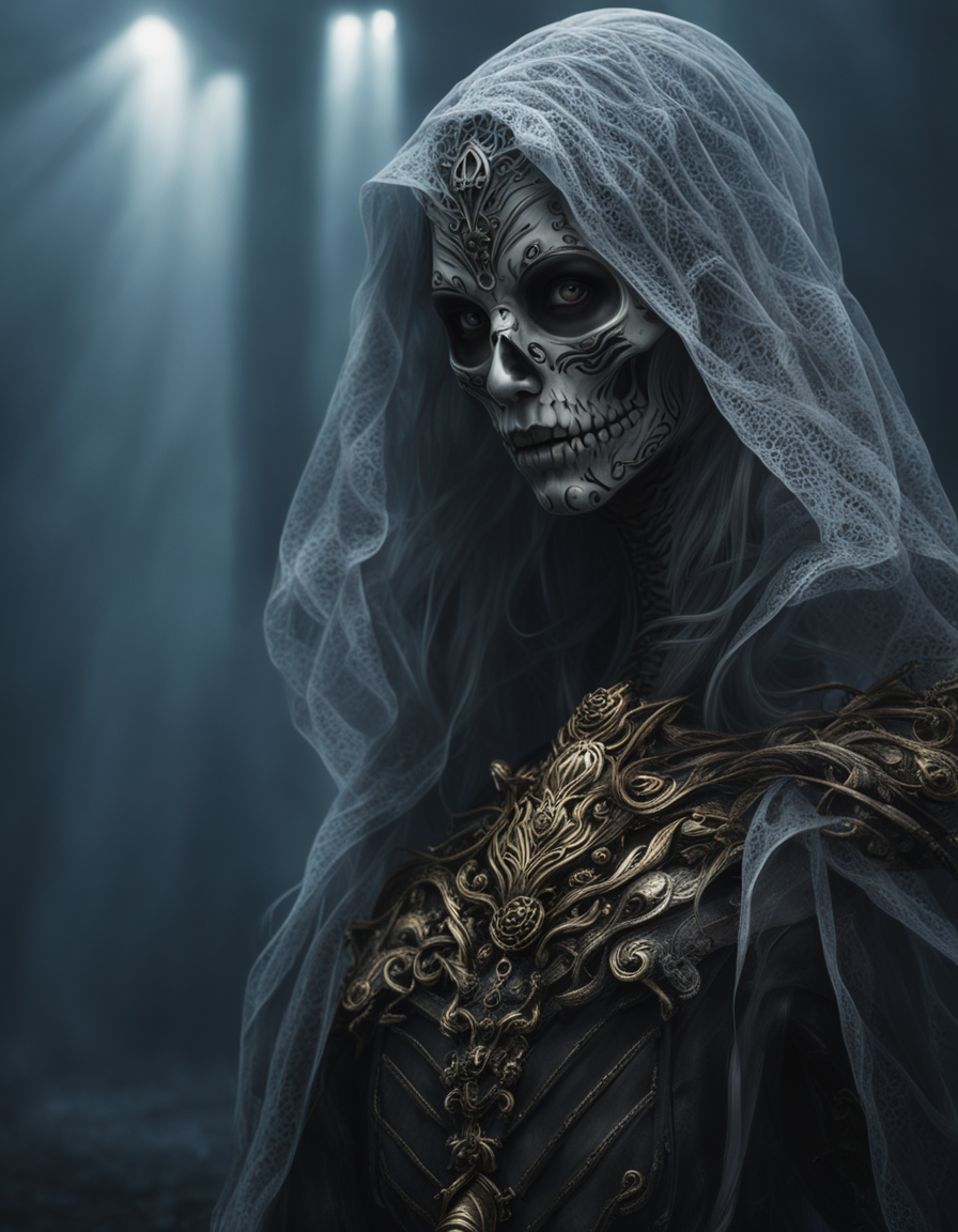 photo realistic, ultra details, natural light ultra detailed portrait of a female necromancer, skeleton face volumetric fo...