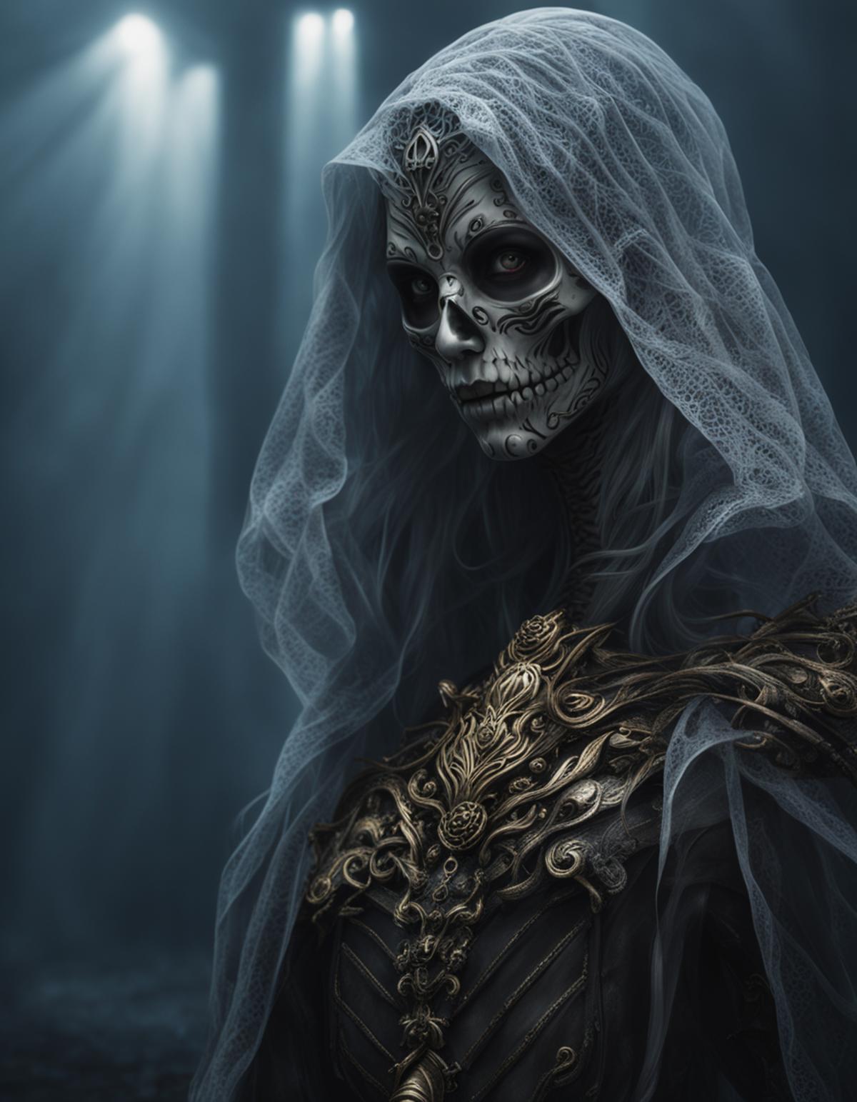 A skeleton wearing a dress, with a veil on its head and a necklace, in a dark and eerie setting.