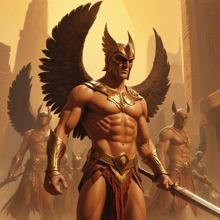 Flash Gordon-inspired, medium shot. Group of Hawkman warriors, in a majestic pose, stand ready for battle in an ancient Mesopotamian city. Close-up. Inspired by Alex Raymond's dynamic drawing style. Bronze armor glows with soft light, contrasted by deep shadows. Elegant feathers and talons adorn the Hawkman warriors, as sunlight filters through the city's dusty atmosphere. Soft, warm golden light bathes the scene. keywords: pulp illustration, retro-futurism, ancient Mesopotamia, Inanna goddess, Alex Raymond, Flash Gordon, heroic fantasy, vibrant colors, high contrast, cinematic lighting, detailed textures, elegant linework.