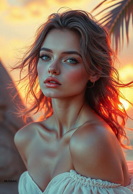 high quality design aesthetics, disco, synth pop, dynamic, detailed, pop album cover, melancholic, beautiful young white woman, artist name "MUSAIC", album title "Endless Summer"
