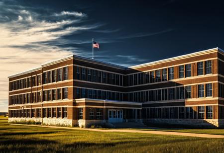 Incredibly Detailed and Accurate Portrait Of Random School Academy Building In Southern North Dakota, high contrast, sharp focus, digital painting, dramatic lighting