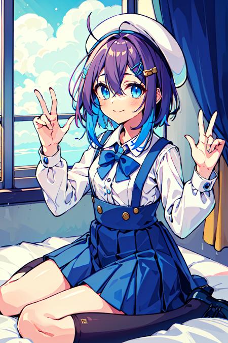 masterpiece, best quality, ultra-detailed, <lora:Oshioshio:0.8>solo, blue eyes, shirt, open book, book, star (symbol), sitting, white headwear, long sleeves, hat, white shirt, suspenders, smile, curtains, ahoge, closed mouth, socks, hair ornament, looking at viewer, 1girl, wariza, bangs, skirt, sidelocks, virtual youtuber, blue hair, beret, hair between eyes, shoulder cutout, suspender skirt, suspender shorts, star hair ornament, high-waist skirt, short hair with long locks, blue skirt, kneehighs, bow, clothing cutout, shorts, purple hair, multicolored hair, bowtie, black footwear, puffy long sleeves, sky, blurry, floating object, letterboxed, globe, black socks, medium hair, hands up, glowing, hair flaps, puffy sleeves, frills