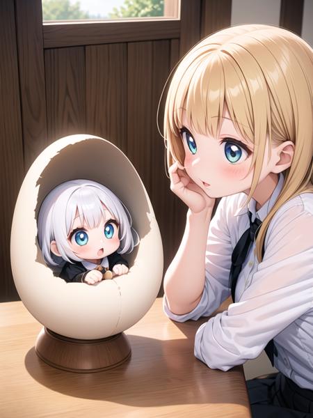 2 girls, are facing each other, holding cracked giant egg, a chibi girl into giant egg 
