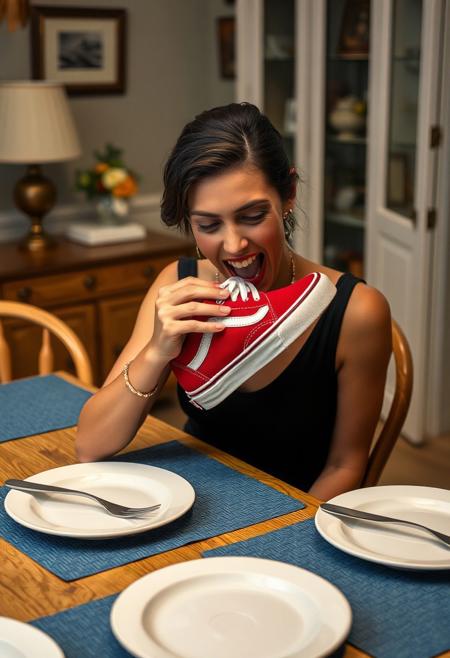 ((highly detailed skin:1.2)), 8k uhd, dslr, Fujifilm XT3, highest quality, masterpiece, photorealistic, detailed skin texture, (highly detailed hair), sharp body, ultra realistic face.
woman sitting at dining room table. she is ready to eat, the room is decorated like a family home from the 1960's. she is dressed for a fancy diner party, black dress and nice jewelry, the table is natural colored oak. on the table are four blue placemats. on the placemats there are very large white plates. on either side of the plates there are a knife and a fork.
 (((red Vans deck sneaker))), 
her mouth is open, she is eating the sneaker, she is biting the sneaker, she has a sneaker in her mouth, she is holding the sneaker up to he mouth, she is pushing the sneaker into her mouth, the sneaker is inside her mouth