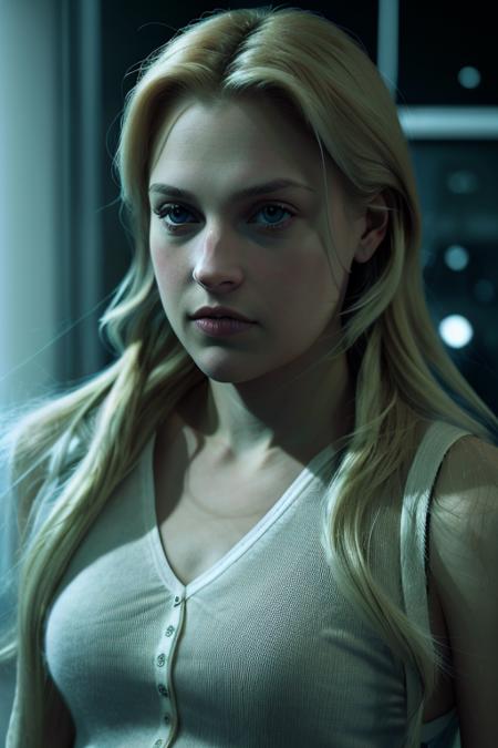 a naturally beautiful woman, perfectly straight blonde hair, in scientists a laboratory, (sci-fi), in resident evil, [upper body:0.5], 8k, raw, uhd, fujifilm x-t3, ((candid, amateur)), <lora:aliLarter:1.1>, chemistry lab