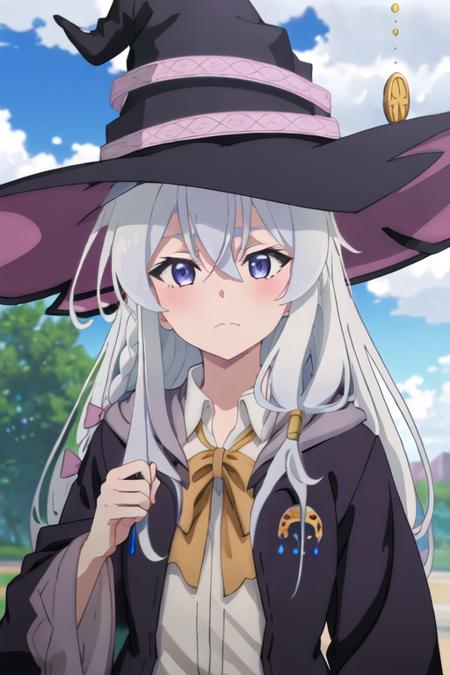 best quality, masterpiece, highres, solo, {elaina_majonotabitabi:1.15}, long_hair, bangs, hair_between_eyes, blue_eyes, closed_mouth, grey_hair, bow, white_hair, hat, witch_hat, black_headwear, purple_eyes, 1girl, blue_sky, cloud, collared_shirt, portrait, sky, day, shirt, white_shirt, blush, anime_coloring