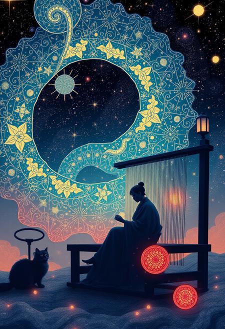 Create a surreal, dreamlike scene of a figure sitting at a loom, weaving a tapestry of stars and galaxies. The figure is surrounded by a halo of soft, pulsing light, and the loom is adorned with intricate, glowing patterns that seem to shift and change as the figure weaves. The art style is a fusion of traditional Japanese ukiyo-e woodblock prints and modern digital art, with bold, flat colors and intricate, detailed patterns. Style: ukiyo-e, digital, surreal. Colors: bold, flat, glowing. Highest-Quality, 4k, Masterpiece