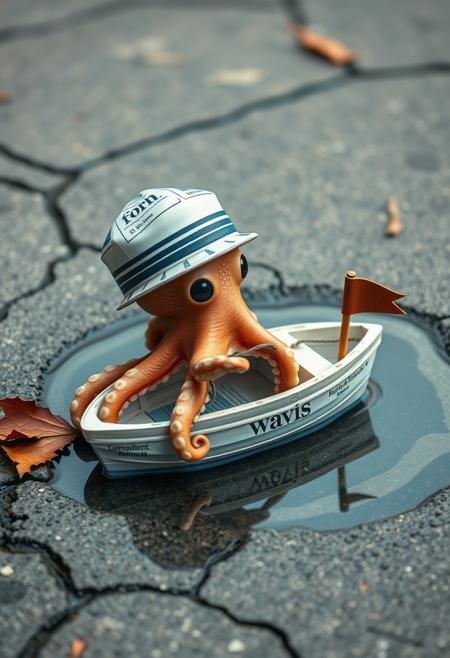 Create a hyper-realistic, hyper-detailed image of a cute octopus wearing a sailor's hat made from newspaper, steering a tiny boat also crafted from newspaper. The octopus gazes out at the "ocean" with a sense of adventure, but the viewer can see that it's just a small puddle of water. The octopus and boat are so small that the puddle seems like an endless sea to him, but the surrounding environment, such as a cracked sidewalk or a discarded leaf, gives away the true scale. Style: hyper-realistic, whimsical, humorous. Colors: muted, earthy tones with a focus on blues and grays to convey the sense of oceanic adventure. Highest-Quality, 4k, Masterpiece