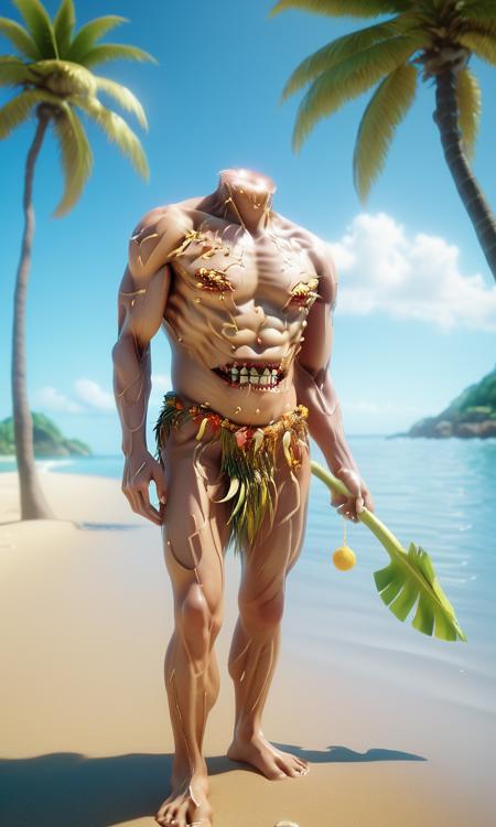 ((masterpiece)),((best quality)),8k,high detailed,ultra-detailed,intricate detail,Photography,headless,nude,bare shoulders,((xingtian)),xingtian boy enjoys a relaxing day at the beach,(relaxation:1.1),(content expression),(sandy beach with palm trees),(peaceful and sunny),(beach getaway),Quixel Megascans Render,creating a tranquil anime scene set on a sunny beach,<lora:xigntian:1>,