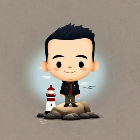 cartoon portrait of Rami Malek in jmawx style, cute chibi, Lighthouse, full character, smile, detailed facial features   <lora:Jerrod_Maruyama_Style_XL_V4.2-000011:0.9>
