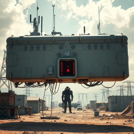 ultra high resolution, masterpiece, best quality, large rectangular gray spacecraft with an extremely rough textured surface, hovering low to the ground, underneath the spacecraft are cables, hoses, and wires, antennas on top, cables hanging from below, rectangular in shape, futuristic world, post apocalyptic landscape, ((low concrete buildings:1.3)) anti gravity, in the atmosphere, sky, clouds, ground visible, hovering, dry, ((dusty)), bleak landscape, parched, bright noon sunlight, square shapes, bleached colors, destroyed industrial buildings, powerlines and towers, concrete foundations, open entrance hatch on spaceship, soldier in dark armored spacesuit, helmet, standing in the well lit entrance, red interior lighting