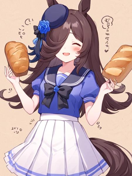 <lora:ç±³æµ´:1>,1girl, solo, animal_ears, rice_shower_\(umamusume\), puffy_sleeves, closed_mouth, food, short_sleeves, puffy_short_sleeves, hair_over_one_eye, closed_eyes, long_hair, shirt, smile, horse_ears, school_uniform, ^_^, skirt, holding, bow, hat_flower, tracen_school_uniform, white_skirt, hat, pleated_skirt, summer_uniform, rose, very_long_hair, flower, facing_viewer, bangs, blue_flower, holding_food, blue_rose, tilted_headwear, black_bow, brown_hair, black_hair, black_headwear, purple_shirt, blush_stickers, tail, horse_girl, blush, blue_shirt, bread, sailor_collar, paper_bag, bowtie