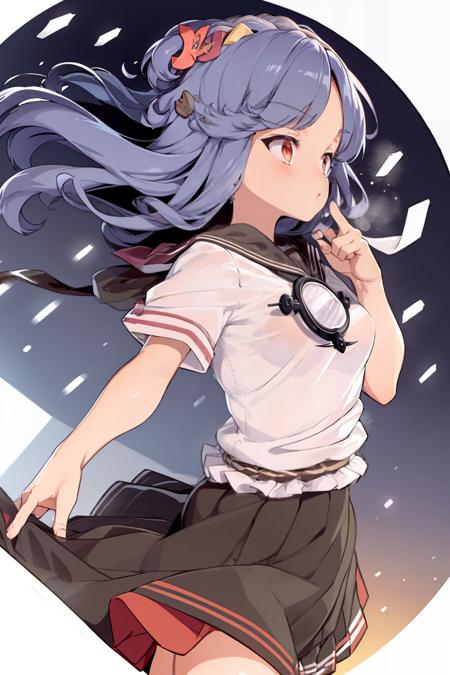 masterpiece, best quality,  <lora:kanakoyasaka:1>,1girl, purple hair, red eyes, hair ornament, (school uniform:1.4),short sleeves, mirror, <lora:style04:1>