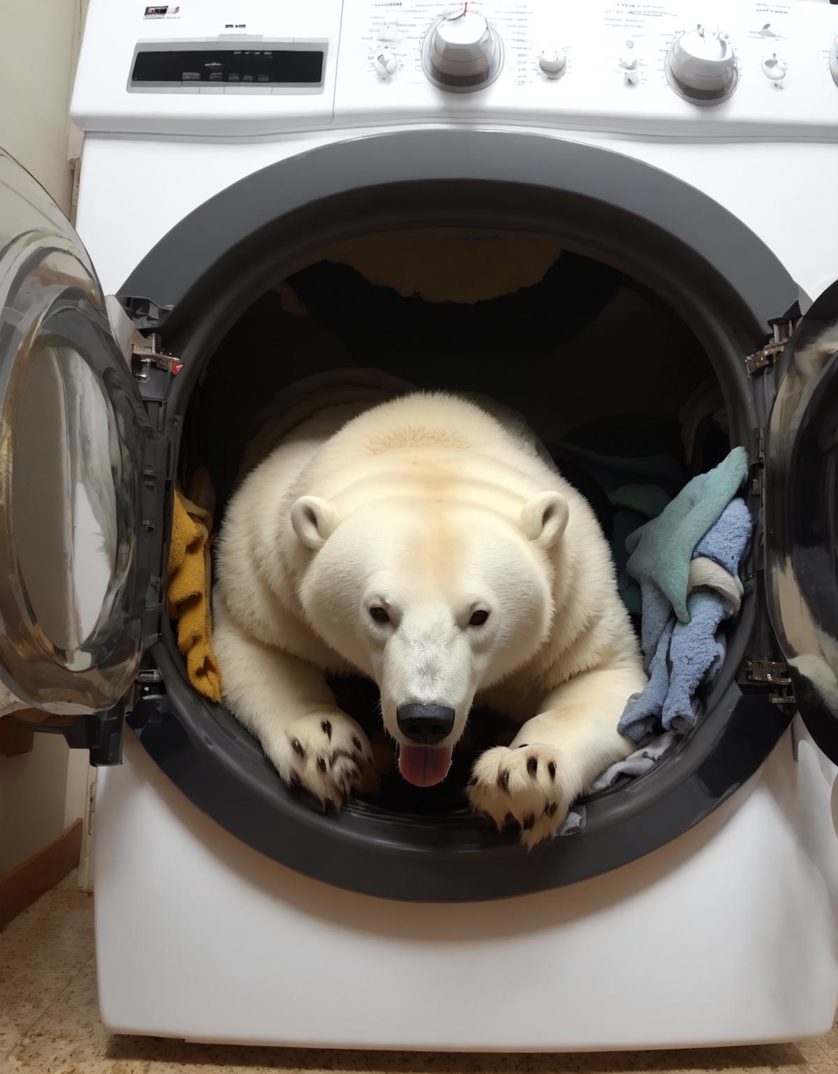 A large white polar bear sitting inside a washing machine.